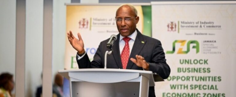 Minister of Industry, Investment and Commerce, Senator, the Hon. Aubyn Hill, delivers the keynote address during the Jamaica Special Economic Zone Authority (JSEZA) Special Economic Zone (SEZ) Investor Briefing at the AC Marriot Hotel in Kingston, on Tuesday (April 15). The event was held under the theme ‘Unlocking Investment Opportunities Through SEZ Infrastructure and Partnerships’