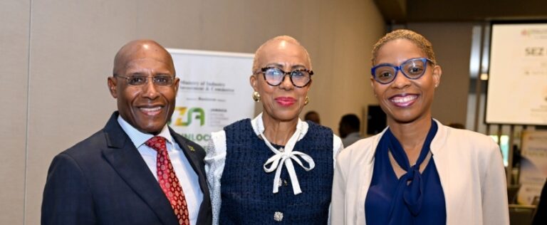 Minister of Industry, Investment and Commerce, Senator the Hon. Aubyn Hill (left); Minister of Finance and the Public Sector, Hon. Fayval Williams (centre), and Chief Executive Officer (CEO), Jamaica Special Economic Zone Authority (JSEZA), Kelli-Dawn Hamilton, pause for a photo opportunity during the JSEZA Special Economic Zone (SEZ) Investor Briefing at the AC Hotel by Marriott Kingston on Tuesday (April 15). The event was held under the theme ‘Unlocking Investment Opportunities Through SEZ Infrastructure and Partnerships’.