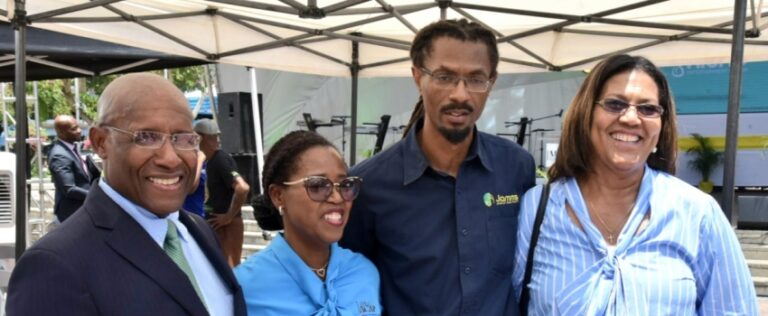 Minister of Industry, Investment and Commerce, Senator the Hon. Aubyn Hill (left), shares a photo opportunity with (from second left) General Manager, Jamaica Association of Composers Authors and Publishers (JACAP), Lydia Rose; General Manager, Jamaica Music Society (JAMMS), Evon Mullings; and Executive Director, Jamaica Intellectual Property Office (JIPO), Lilyclaire Bellamy, during JIPO’s Intellectual Property Week Mini Business Expo and Concert at Emancipation Park in St. Andrew on Friday (April 25).