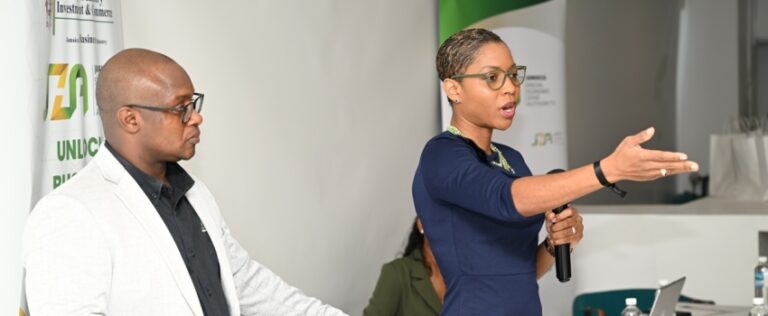 Chief Executive Officer at the Jamaica Special Economic Zone Authority (JSEZA), Kelli-Dawn Hamilton (right), addresses the entity’s first Business Acceleration Centre (BAC) Accelerator Series for the 2025/2026 fiscal year at the S Hotel in Montego Bay, St. James, on Thursday, May 22. Looking on is Senior Director of Regulation, Policy, Monitoring and Enforcement at JSEZA, Ainsley Brown.