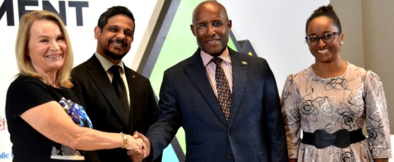 Minister of Industry, Investment and Commerce, Senator the Hon. Aubyn Hill (second right), greets Ambassador of the European Union to Jamaica, Her Excellency Dr. Erja Askola (left), during the official launch of the Caribbean Investment Forum 2025 on Tuesday (May 6), at the AC Hotel in Kingston. Sharing in the moment are Executive Director of Caribbean Export, Dr. Damie Sinanan (second left) and President of Jamaica Promotions Corporation (JAMPRO), Shullette Cox. The three-day forum will be held from July 29 to 31 at the Montego Bay Conference Centre in St. James.