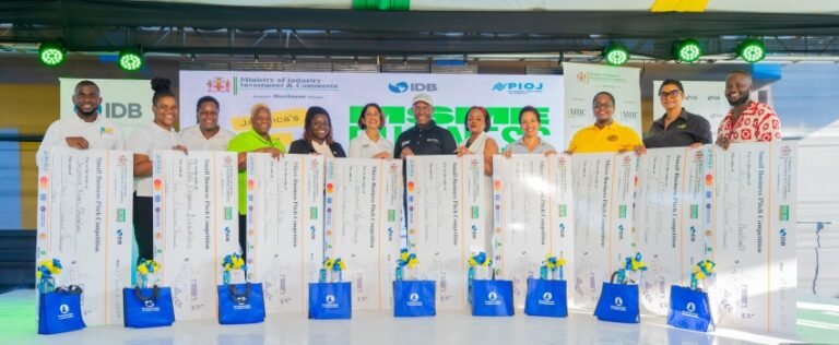 Winners of the Ministry of Industry, Investment, & Commerce (MIIC), MSME Business Roadshow Business Pitch competitions proudly display their grant cheques alongside MIIC Permanent Secretary Mrs. Sancia Bennett Templer (centre left) and Senator the Honourable Aubyn Hill, Minister of Industry, Investment & Commerce (centre right) at the St. Elizabeth Technical High School in Santa Cruz on Thursday, March 6, 2025. The grant awardees for the St. Elizabeth staging of the MSME Business Roadshow are: (from left) Junior Chin of Jamaica Drivers Education Forum; Asheki Spooner and Jacquneil Spooner of Havilah Organics and Cosmetics; Lorraine Barnaby of Delicious Bites; Othneilia Downes of Convenient Agro-processing; Alexandria Levanda of The Parcel Pros; Keila McKenzie of O&D Pest Control; Nevine Salmon of Laka Sharah Soapery & Boutique; Moyan Martin of MVM Cuisine; and Shane Miller of Stevos Weavos Handicrafts. The winners obtained grant amounts of J$400,000 and J$200,000, totalling $3M in funding to boost their businesses.