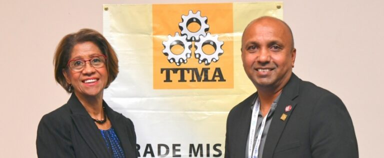 Permanent Secretary in the Ministry of Industry, Investment and Commerce, Sancia Bennett Templer (left), greets Chief Executive Officer (CEO) of the Trinidad and Tobago Manufacturers’ Association (TTMA), Dr. Ramesh Ramdeen, at the Doing Business With Jamaica Seminar held at The Jamaica Pegasus hotel in Kingston on Monday (May 12). The seminar signals the start of the Trinidad and Tobago Manufacturers’ Association (TTMA) Trade Mission to Jamaica.
