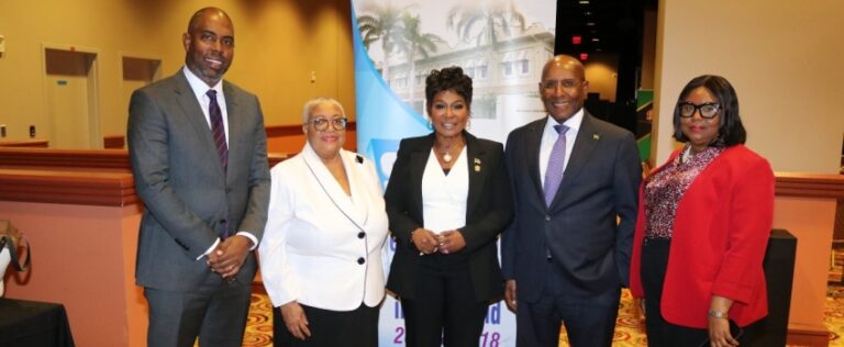 Senator the Hon. Aubyn Hill, Minister of Industry, Investment & Commerce (1st right), is pictured with Mr. Steven Whittingham, Chairman, Jamaica Stock Exchange (JSE) (1st left), Dr. Marlene Street Forrest, Managing Director of the Jamaica Stock Exchange (JSE) (2nd left), Consul General of Jamaica in New York, Mrs. Alsion Roach Wilson, OD (centre), and Ms. Andrea Kelly, GM, Jamaica Central Securities Depository (JCSD) (2nd right) at the “Investing in Jamaica and Housing Forum 2025,” held on May 8, 2025, at Resorts World New York. The event was hosted by Jamaica’s Consulate General in New York in partnership with the Jamaica Stock Exchange (JSE).