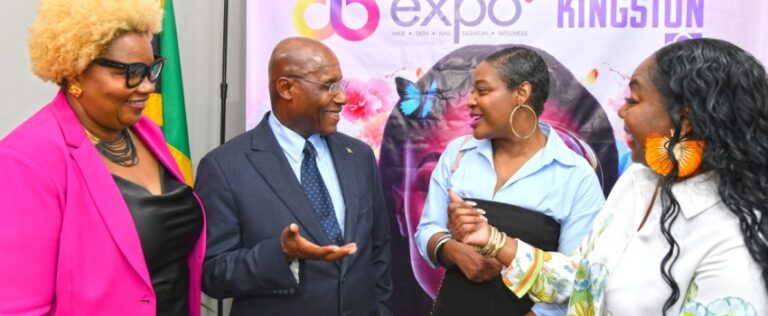 Minister of Industry, Investment and Commerce, Senator the Hon. Aubyn Hill (second left), converses with (from left) Founder/Coordinator, Jamaica International Beauty Expo, Suzette Brown; Director of the O Spot Skincare Clinic in Toronto, Canada, Orica Smart, and Lead, Canadian Delegation to the Expo, Keisha Pinto. The occasion was the media launch for the Expo’s 2025 staging on Tuesday (April 29) at the Jamaica Promotions Corporation (JAMPRO) head office in Kingston.