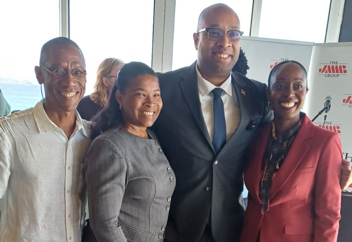 Photo: Garwin Davis Minister of State in the Ministry of Industry, Investment and Commerce, Hon. Delano Seiveright (second right), is flanked by (from left) President of the Jamaica Hotel and Tourist Association (JHTA) Christopher Jarrett; President of the Montego Bay Chapter of the JHTA and Royalton Resorts Executive, Kerry Ann Quallo Casserly, and Montego Bay businesswoman and Montego Bay Chamber of Commerce Director, Nadine Spence, at the Jamaica Money Market Brokers (JMMB) business breakfast, in Montego Bay, on January 28.
