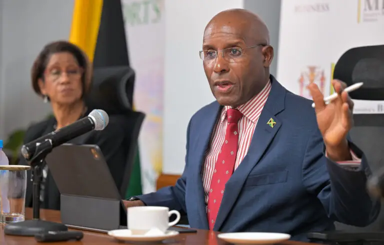 In this file photo, Minister of Industry, Investment and Commerce, Senator Aubyn Hill, speaks with reporters during a press conference at the Ministry’s New Kingston office on Tuesday (September 23), to provide an update on matters related to the Companies Office of Jamaica (COJ). He is joined by his Permanent Secretary, Sancia Bennett Templer . (Photo: Yhomo Hutchinson)
