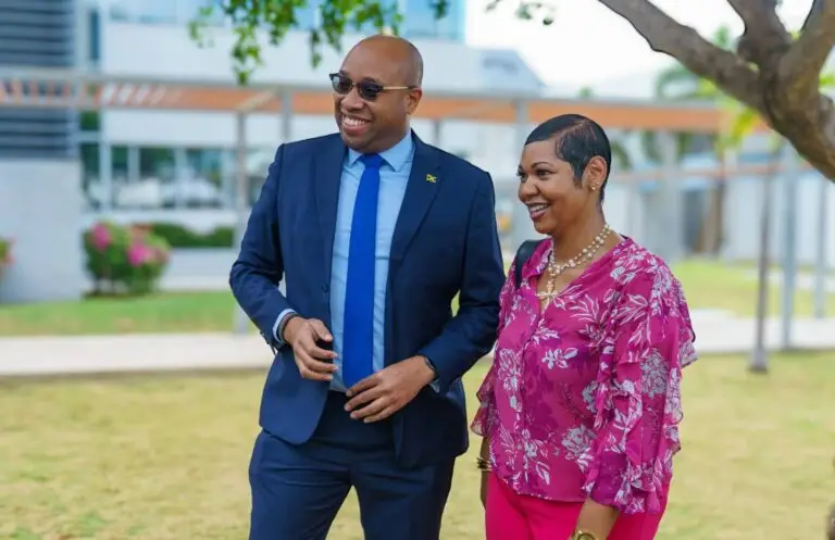 Minister of state in the Ministry of Industry, Investment and Commerce Delano Seiveright alongside Kimberley Stiff, assistant vice-president of marketing communications at the Port Authority of Jamaica, during the official launch of the Portmore Incubator and Linkages Forum at the Portmore Informatics Park, on Wednesday.