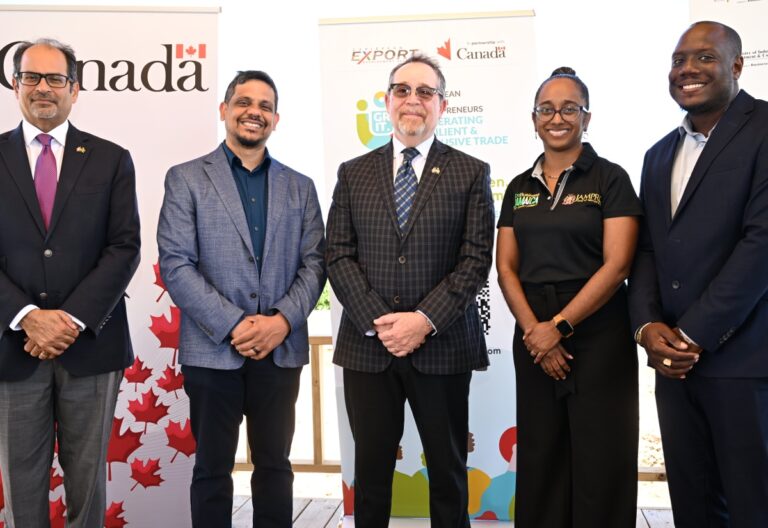 Jamaica Promotions Corporation (JAMPRO) President, Shullette Cox (second right), is joined by (from left) Counsellor and Head of Development Cooperation for Jamaica and Belize at Global Affairs Canada, Shehryar Sarwar; Executive Director of the Caribbean Export Development Agency (CEDA), Dr. Damie Sinanan; Canada's High Commissioner to Jamaica, His Excellency Mark Berman; and Head of Technical Programmes at CEDA, Wayne Elliott, during the official launch of the Caribbean Women Generating Resilient and Inclusive Trade (GRIT) Project in Jamaica at Jack Sprat restaurant in Treasure Beach, St. Elizabeth, on Wednesday (April 15).