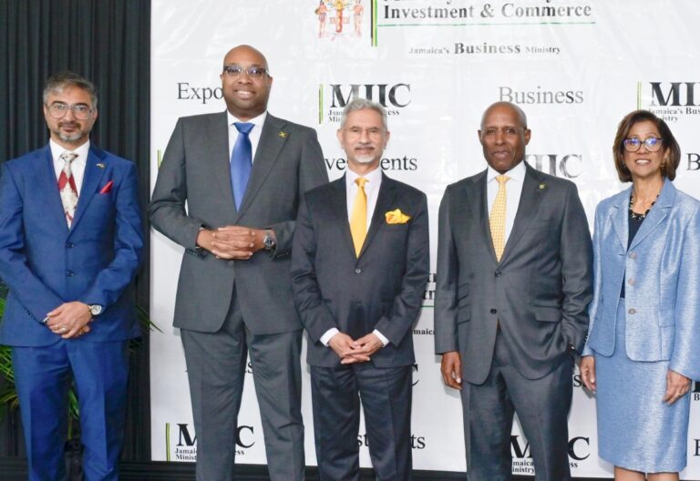 Minister of Industry, Investment and Commerce, Senator the Hon. Aubyn Hill (second right), shares a photo opportunity with the Republic of India's Minister of External Affairs, His Excellency Dr. Subrahmanyam Jaishankar (centre), during Monday's (May 4) Ministerial Luncheon, held at AC Hotel by Marriott Kingston in honour of the visiting official. They are joined by (from left) Indian High Commissioner to Jamaica, His Excellency Mayank Joshi; State Minister in the Ministry of Industry, Investment and Commerce, Hon. Delano Seiveright; and Permanent Secretary, Sancia Bennett Templer.