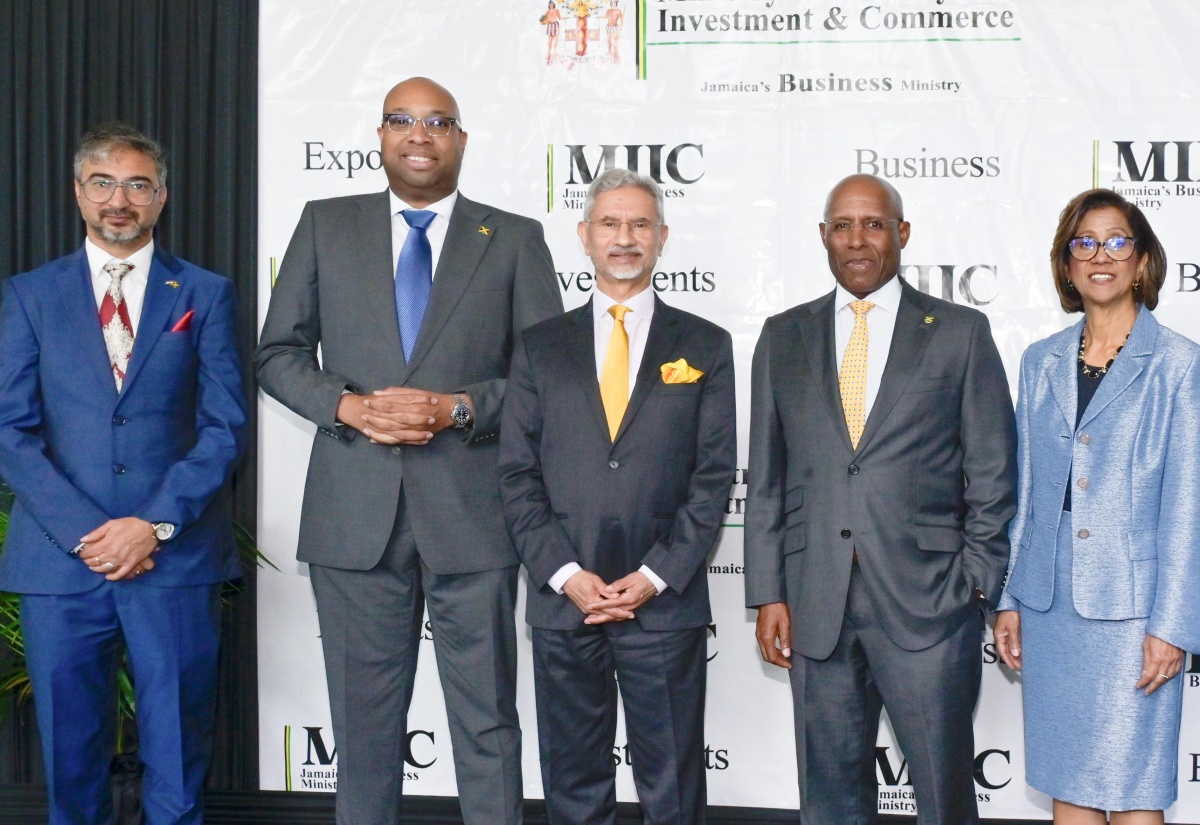 Minister of Industry, Investment and Commerce, Senator the Hon. Aubyn Hill (second right), shares a photo opportunity with the Republic of India's Minister of External Affairs, His Excellency Dr. Subrahmanyam Jaishankar (centre), during Monday's (May 4) Ministerial Luncheon, held at AC Hotel by Marriott Kingston in honour of the visiting official. They are joined by (from left) Indian High Commissioner to Jamaica, His Excellency Mayank Joshi; State Minister in the Ministry of Industry, Investment and Commerce, Hon. Delano Seiveright; and Permanent Secretary, Sancia Bennett Templer.
