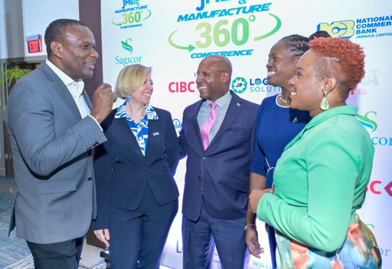 Minister of Industry, Investment and Commerce, Senator the Hon. Aubyn Hill (centre), shares a moment with (from left) Jamaica Manufacturers and Exporters Association (JMEA) Deputy President, Cecil Foster; President, Kathryn Silvera; Sagicor Bank Jamaica Limited Chief Executive Officer, Chorvelle Johnson Cunningham; and JMEA Executive Director, Kamesha Turner Blake. The occasion was the third staging of the Manufacture 360° Conference, hosted by the JMEA at the AC Hotel by Marriott Kingston on Wednesday (May 20), under the theme 'Robust Recovery for Resilient Growth'.