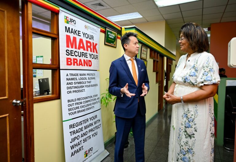 Executive Director, Jamaica Intellectual Property Office (JIPO), Lilyclaire Bellamy explaining procedures of the JIPO to Director General of the United Nations World Intellectual Property Organization (WIPO), Daren Tang, during a tour of the JIPO offices in Kingston on Monday (May 18).