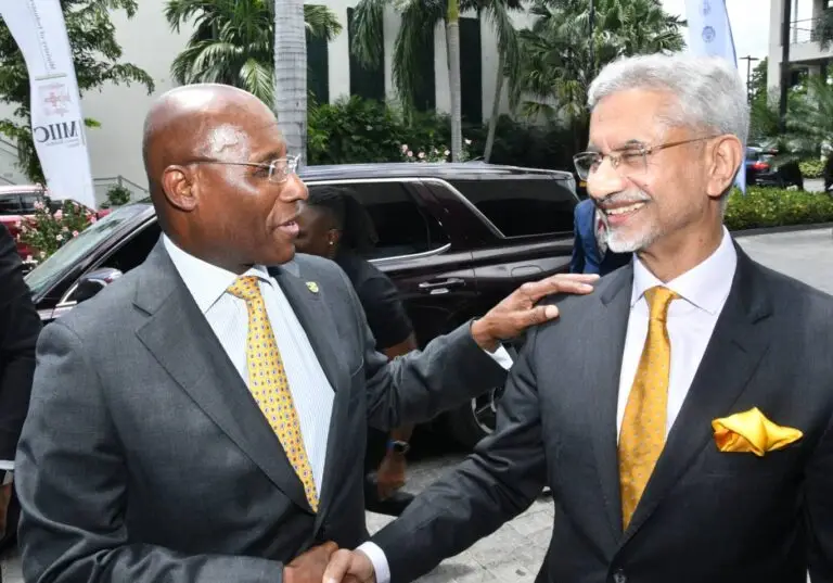 Jamaica’s Minister of industry, Investment and Commerce Aubyn Hill (left) greets India’s Foreign Affairs Minister Dr Subrahmanyam Jaishankar ahead of Monday’s ministerial luncheon held at AC Hotel Kingston in New Kingston. (Photo: Joseph Wellington)