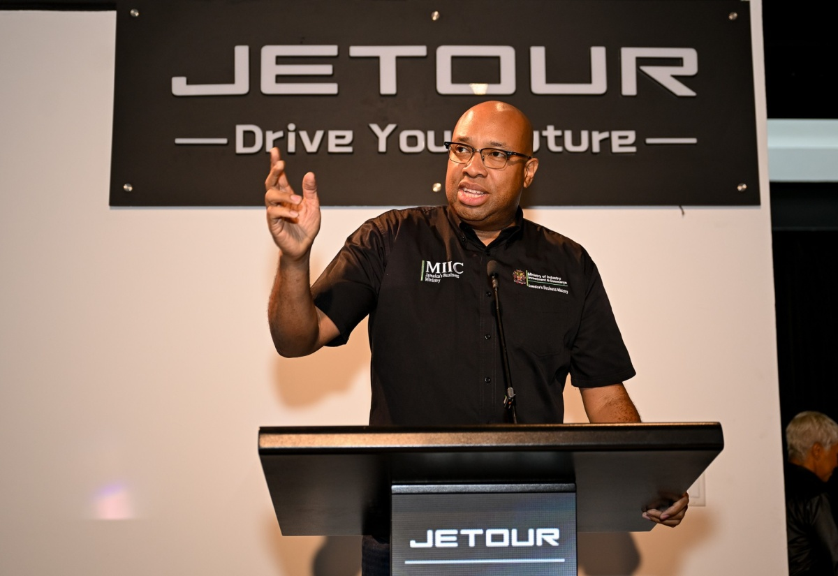 State Minister in the Ministry of Industry, Investment and Commerce, Hon. Delano Seiveright (left), addresses the Jetour Jamaica official launch and media viewing at the Jetour Showroom on Merrivale Avenue in Kingston on May 24.