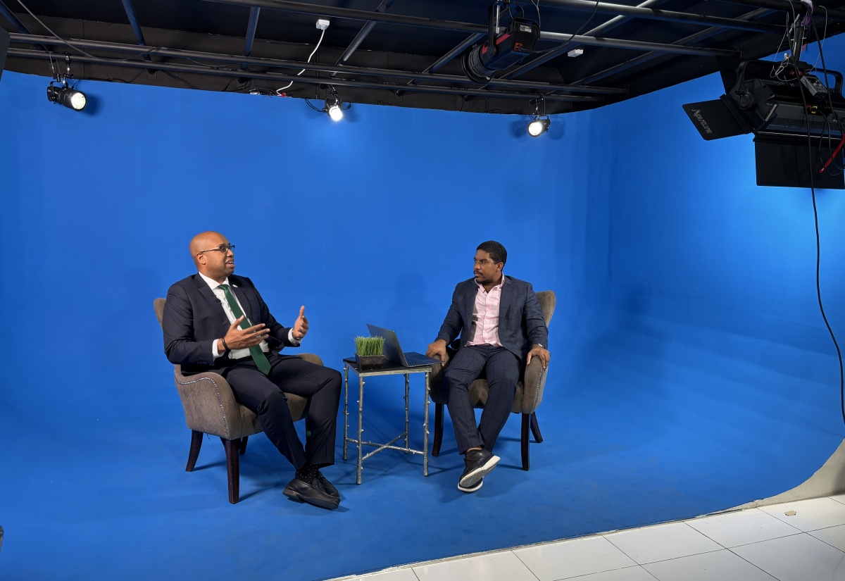 Minister of State in the Ministry of Industry, Investment and Commerce, Hon. Delano Seiveright (left), is in conversation with Chief Executive Officer, Adtelligent Limited, Craig Powe, in the modern volumetric studio, during a recent tour of the company's location in Kingston.