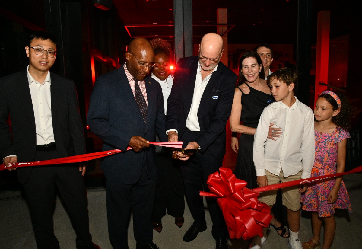Minister of Industry, Investment and Commerce, Senator the Hon. Aubyn Hill (second left), and Managing Director, Stewart's Automotive Group, Duncan Stewart (fourth left), cut the ribbon to officially open the new Great Wall Motor (GWM) showroom at South Camp Road in Kingston, recently. Sharing the moment (from left) are GWM representative, Hankin Zhao; Brand Sales Manager, GWM, Titanya Clarke; Managing Director of Stewart's Automotive Group, Jacqueline-Lechler; her son, James Lechler, and grandchildren, Maximillian and Caroline Hudson.