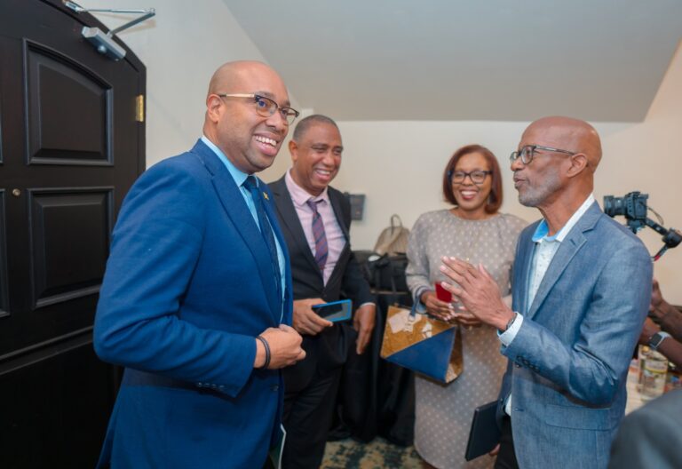 Minister of State in the Ministry of Industry, Investment and Commerce, Hon. Delano Seiveright (left), with (from second left), General Manager of the Spirits Pool Association Limited (SPA), Christopher Gentles; Permanent Secretary in the Ministry of Foreign Affairs and Foreign Trade, Ambassador Sheila Sealy Monteith; and Chairman of the West Indies Rum and Spirits Producers' Association (WIRSPA) and the Spirits Pool Association Limited, Clement "Jimmy" Lawrence, at the WIRSPA and SPA Cocktail Reception held at The Courtleigh Hotel & Suites in Kingston on June 10.