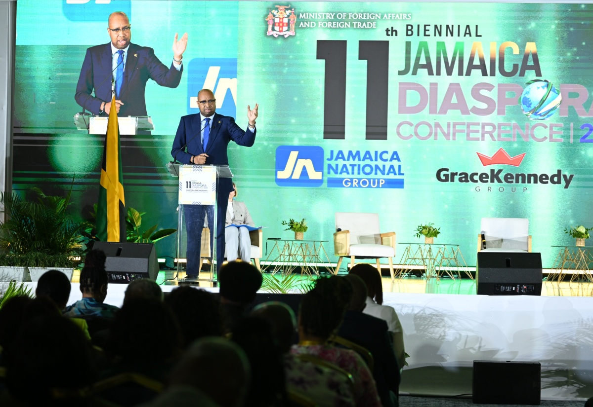 Minister of State in the Ministry of Industry, Investment and Commerce , Hon. Delano Seiveright, addresses the 11th Biennial Jamaica Diaspora Conference at the Montego Bay Convention Centre on June 15.