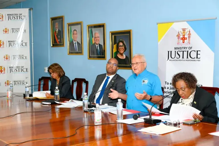From left: Sancia Bennett Templer, permanent secretary, Ministry of Industry, Investment and Commerce; Delano Seiveright, minister of state in the Ministry of Industry, Investment and Commerce and chairman of the Cannabis Industry Development Taskforce; Delroy Chuck, minister of justice and constitutional affairs; and Olivia “Babsy” Grange, minister of culture, gender, entertainment and sport, engage meeting attendees (out of picture) following Thursday’s high-level ministerial consultation on Jamaica’s sacramental cannabis framework at the Ministry of Justice and Constitutional Affairs.