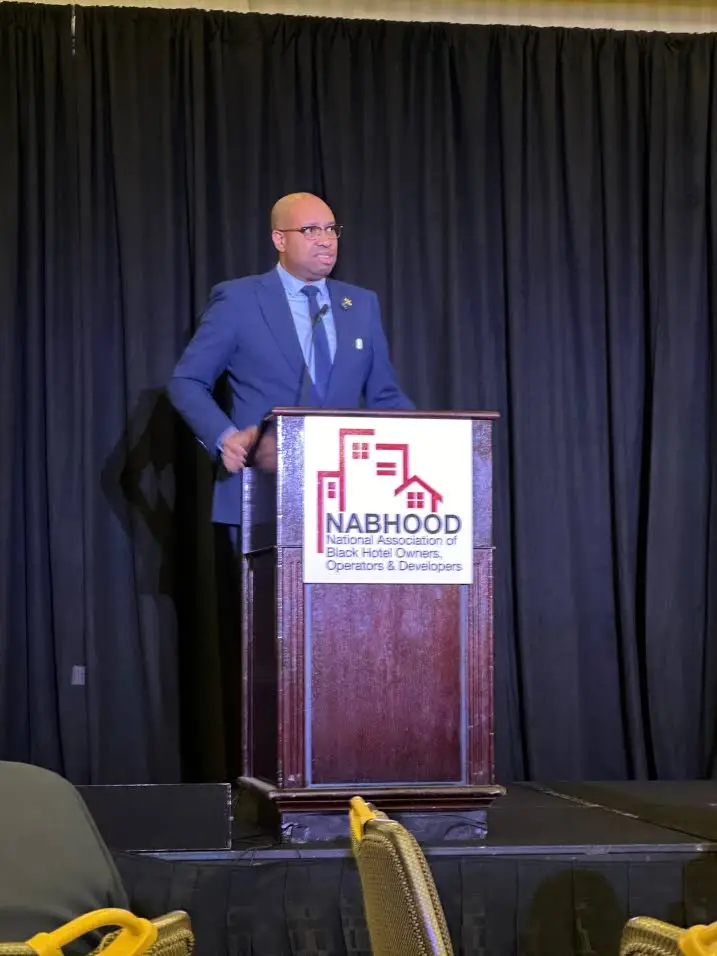 Minister of state in the Ministry of Industry, Investment and Commerce Delano Seiveright addressing the Marriott International Luncheon at the 30th Annual International African American Hotel Ownership and Investment Summit and Trade Show held at the Hyatt Regency Miami in downtown Miami, Florida, last Friday.