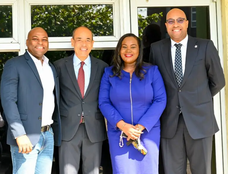 Minister of state in the Ministry of Industry, Investment and Commerce Delano Seiveright (right), joins business leaders (from left) Judon Bowden, first-vice president, JEF; Wayne Chen, president, JEF; and Cordell Williams, president, YEA. at the launch of the new Jamaica Employers’ Federation (JEF)–Young Entrepreneurs Association of Jamaica (YEA) Business Development Centre at JEF headquarters in New Kingston.